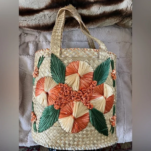 Vintage MCM Bahamian Straw Raffia Lined Tote Bag With Flowers - Picture 4 of 9